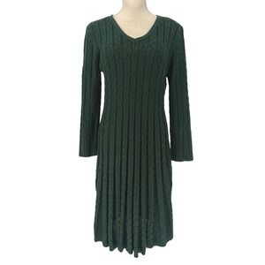 JH Sweater Dress Womens Large Dark Green Cable Knit V-Neck Long Sleeve Casual